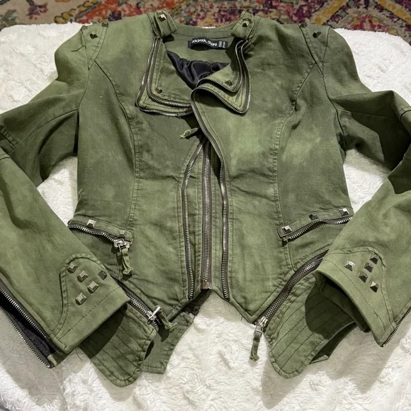 Olive camo green military studded multi zip jacket - Picture 10 of 11